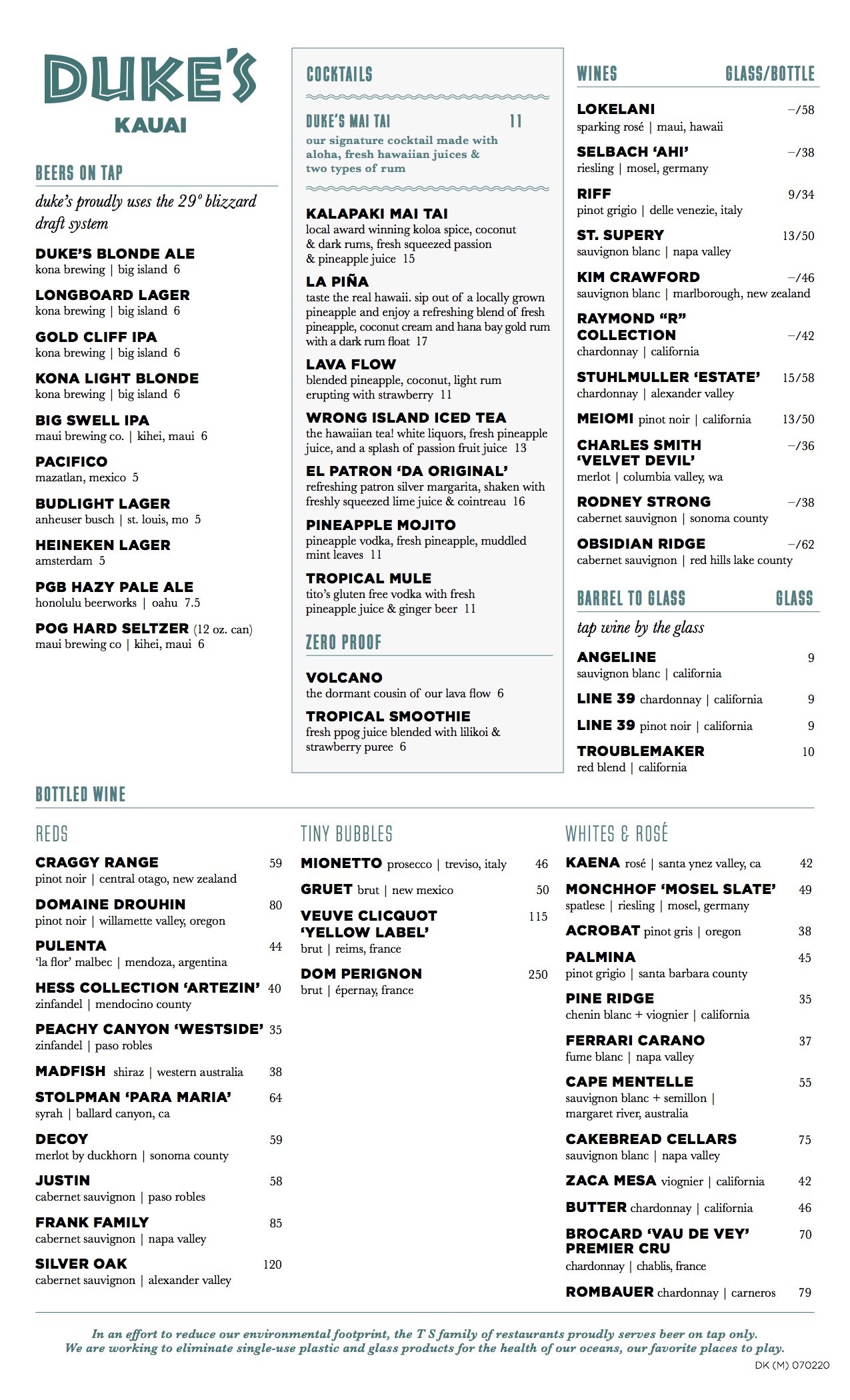 Dinner Menu Dinner at Duke’s Kauai